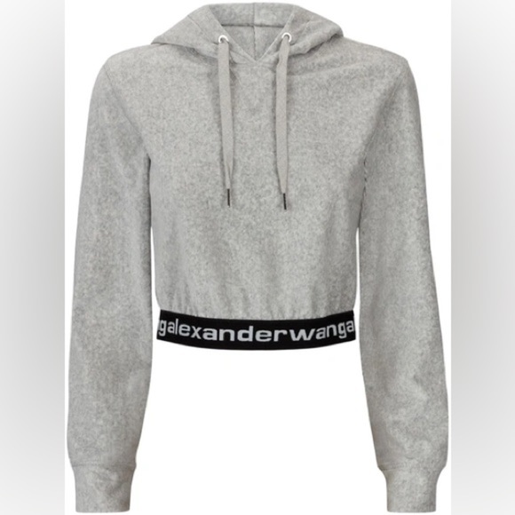 ALEXANDER WANG Stretch Corduroy Cropped Long Sleeve Hoodie in Heather Gray - Picture 2 of 10
